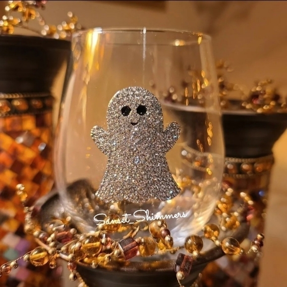 2pc Halloween GHOST Silver Crystal Rhinestone Stemless Wine Glass Set New - Picture 3 of 8
